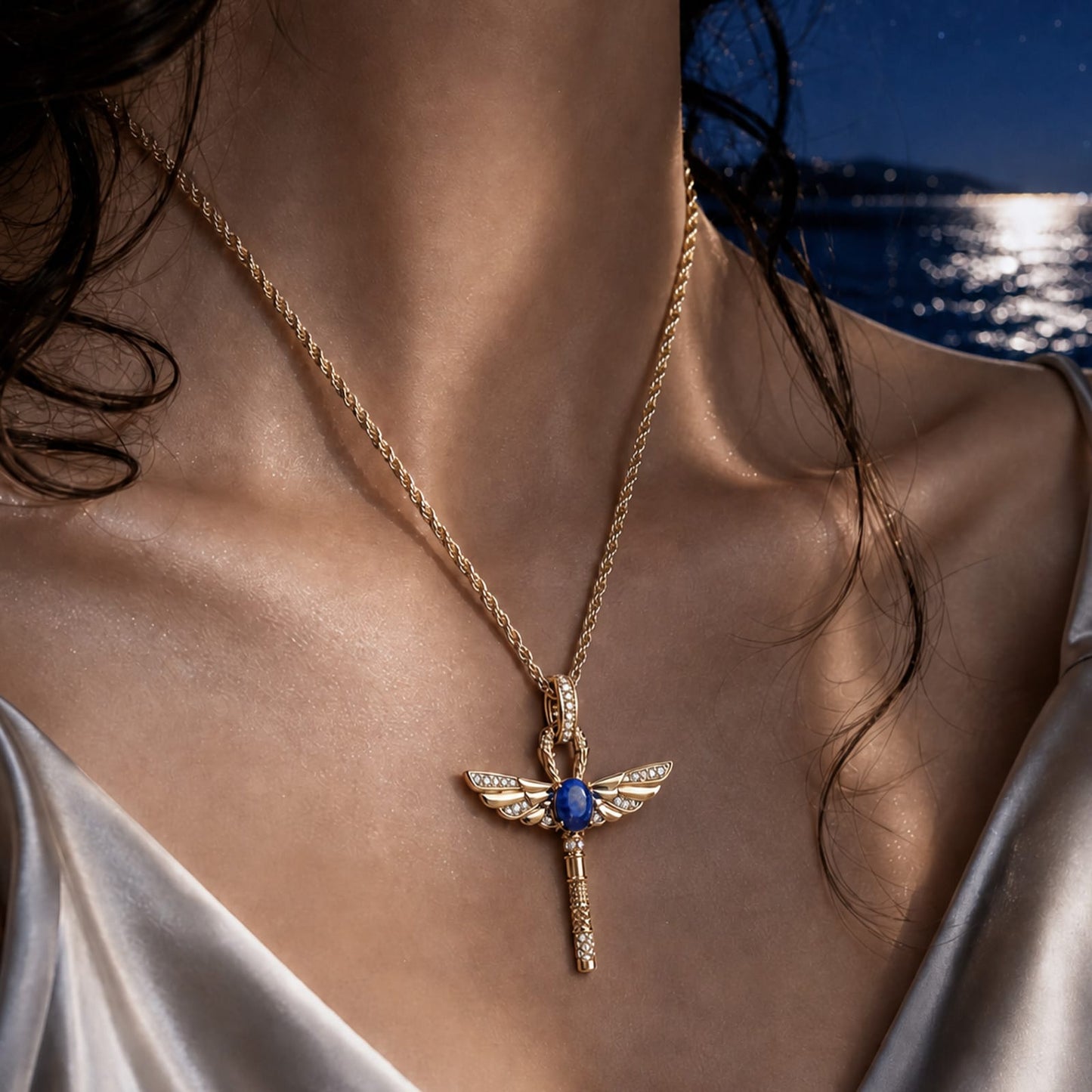Sterling Silver Ankh & Scarab Scepter Necklace with Natural Lapis Lazuli - Symbol of Life, Protection & Renewal