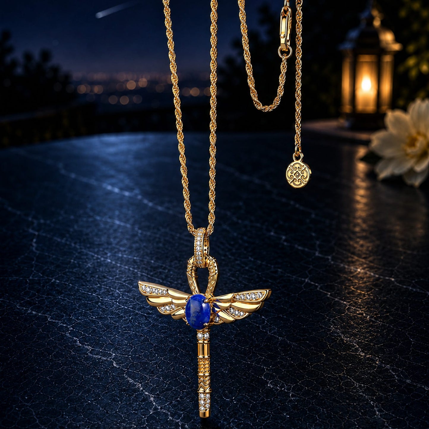Sterling Silver Ankh & Scarab Scepter Necklace with Natural Lapis Lazuli - Symbol of Life, Protection & Renewal