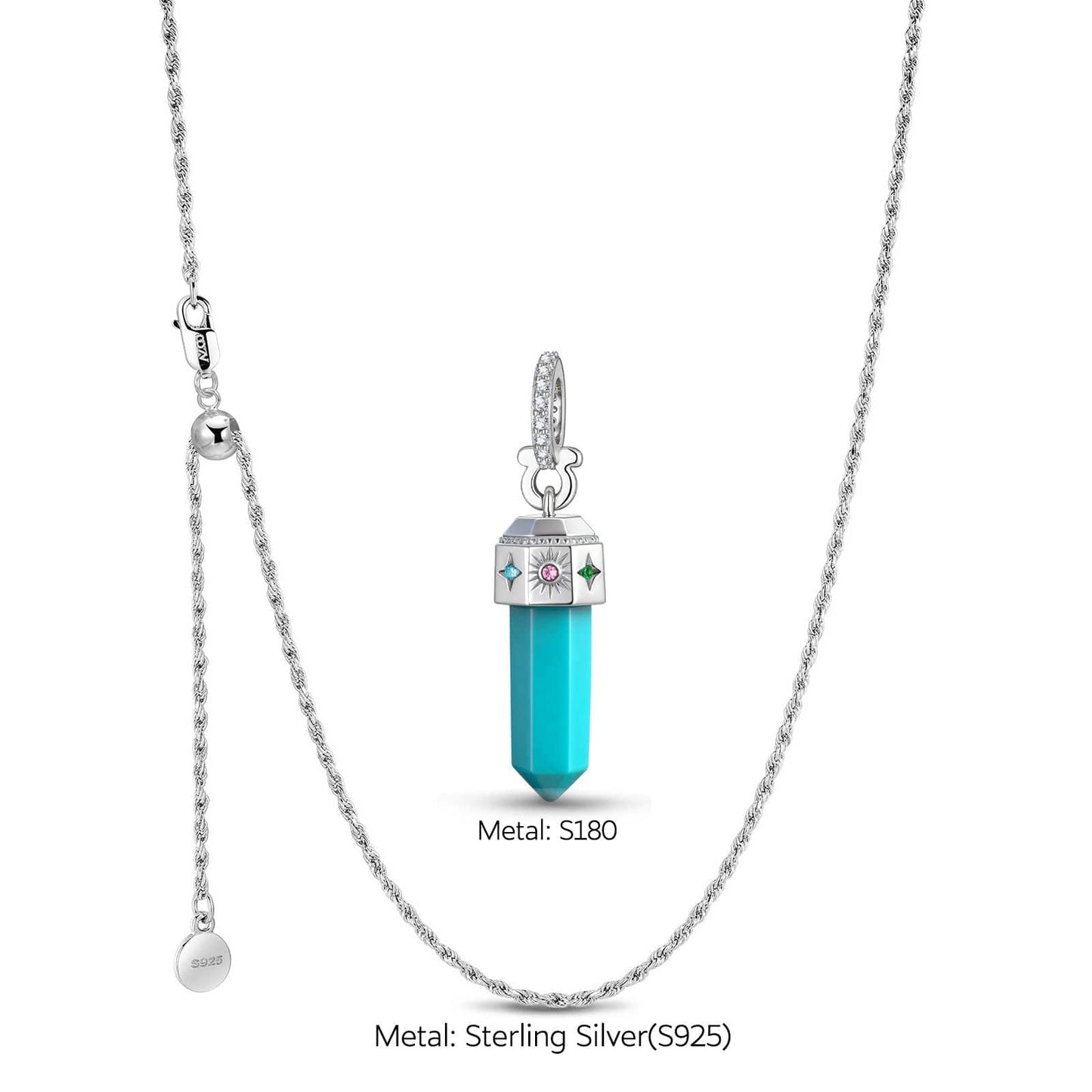 Sterling Silver Natural Turquoise Sun & Star Talisman Pendant - Adjustable Rope Chain with Slider Clasp, White Gold- Plated