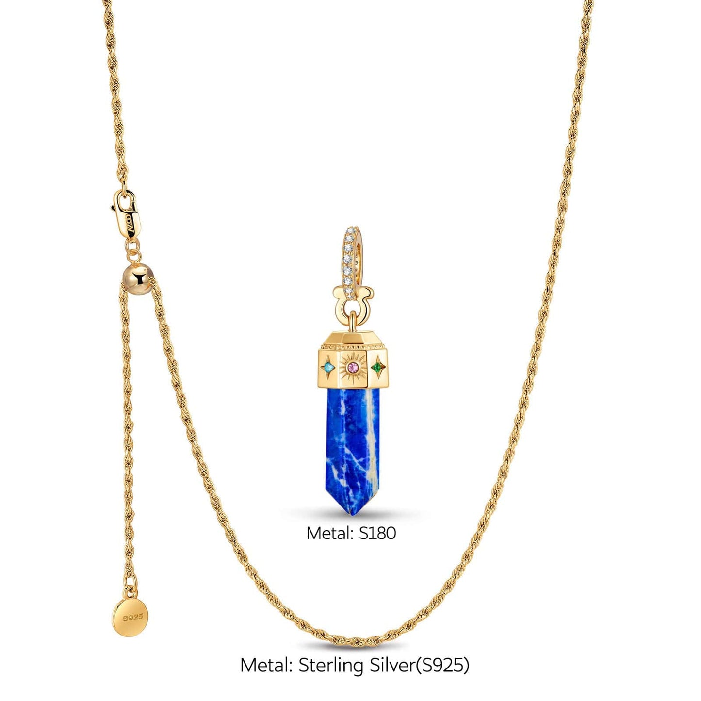 Sterling Silver Natural Lapis Lazuli Sun & Star Talisman Pendant - Adjustable Rope Chain with Slider Clasp, 14K Gold-Plated
