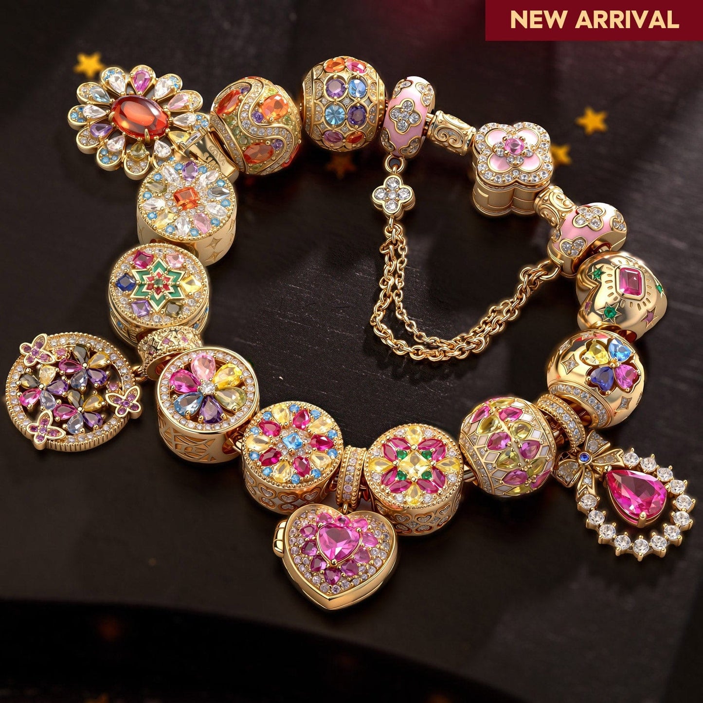 Sterling Silver Opulent Color Extravaganza Charms Bracelet Set With Enamel In 14K Gold Plated (Includes bracelet and all charms shown)