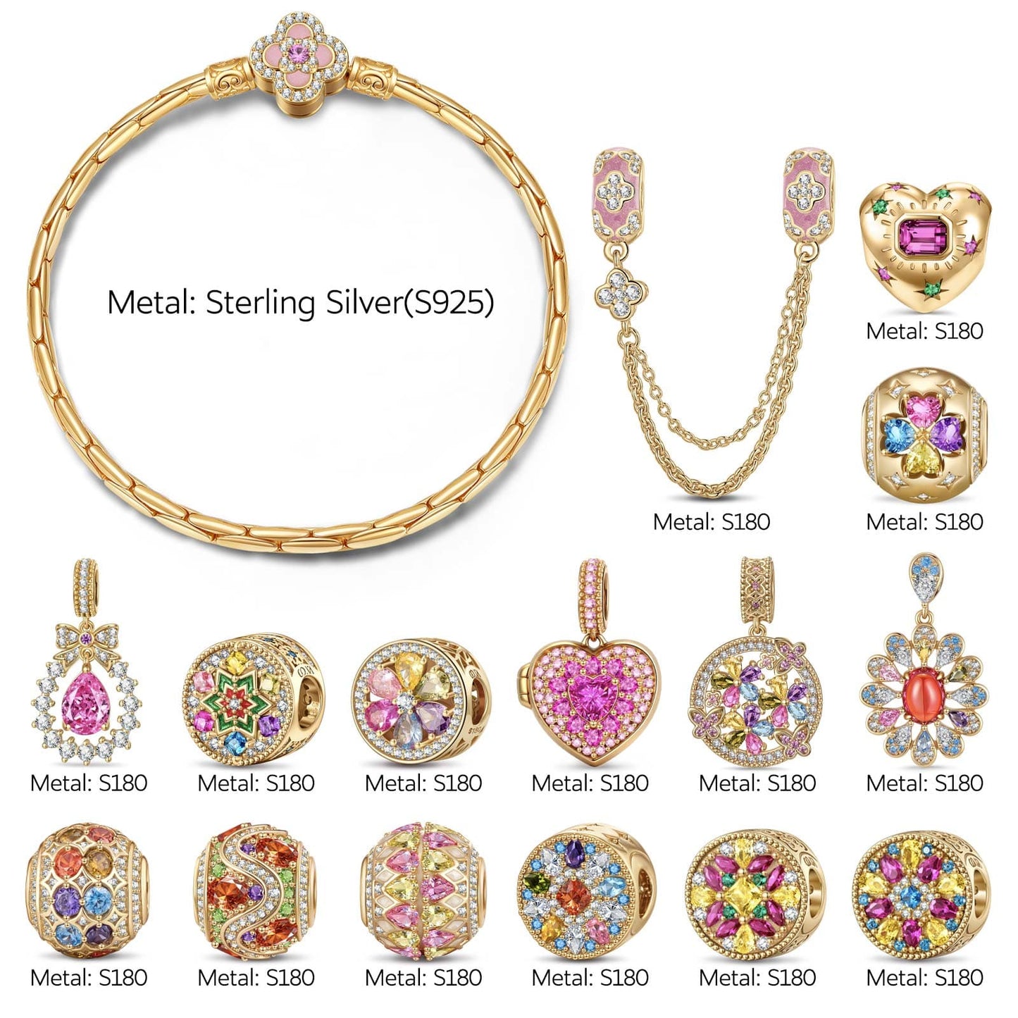 Sterling Silver Opulent Color Extravaganza Charms Bracelet Set With Enamel In 14K Gold Plated (Includes bracelet and all charms shown)