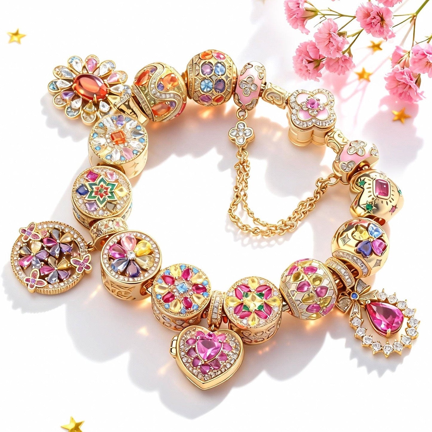 Sterling Silver Opulent Color Extravaganza Charms Bracelet Set With Enamel In 14K Gold Plated (Includes bracelet and all charms shown)