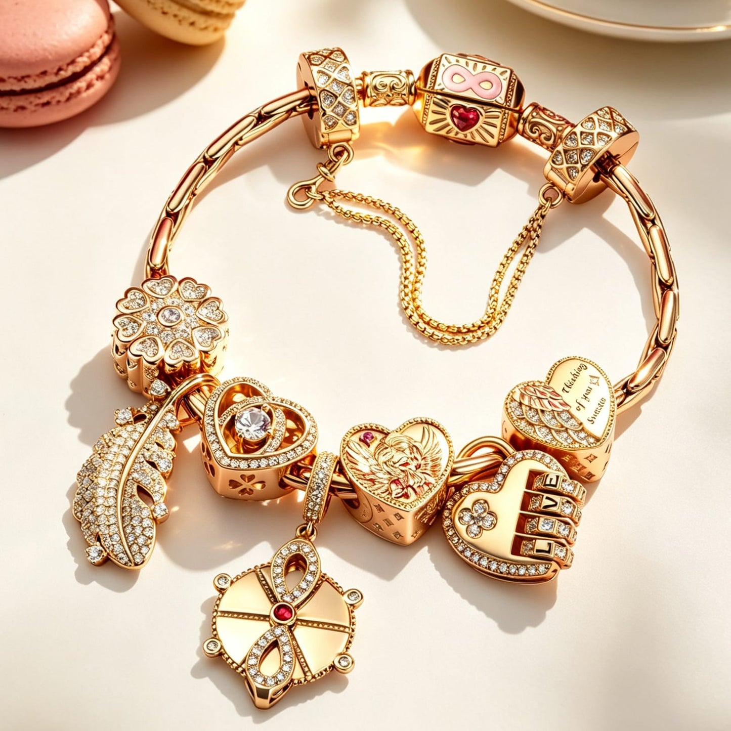 Sterling Silver Angel of Affection Charms Bracelet Set In 14K Gold Plated (Includes bracelet and all charms shown)