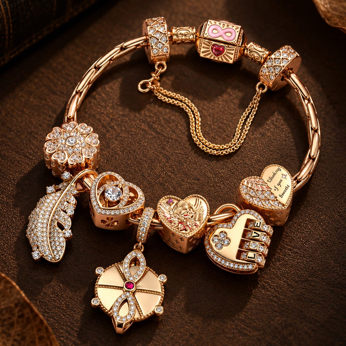 Sterling Silver Angel of Affection Charms Bracelet Set In 14K Gold Plated (Includes bracelet and all charms shown)