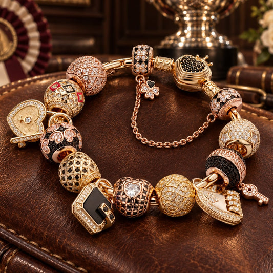 gona- Sterling Silver Natural Black Onyx Eternal Enchantment Charms Bracelet Set In 14K Gold Plated (Includes bracelet and all charms shown)