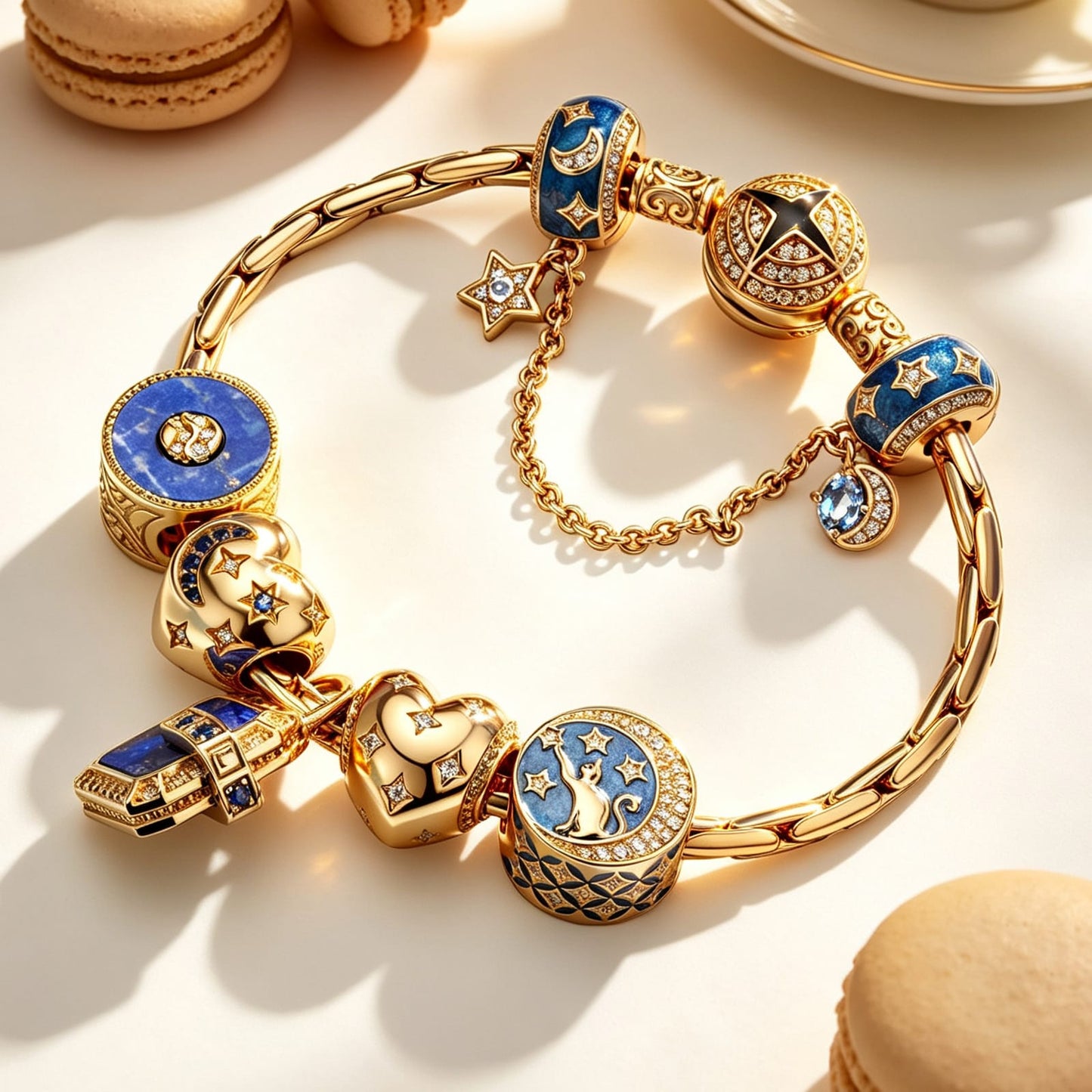 Sterling Silver Natural Lapis Lazuli Lunar Love Charms Bracelet Set In 14K Gold Plated (Includes bracelet and all charms shown)