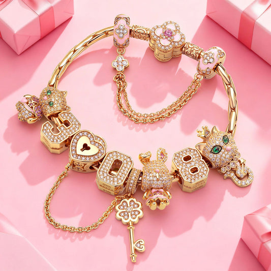 gona- Sterling Silver Full of Love Charms Bracelet Set With Enamel In 14K Gold Plated (Includes bracelet and all charms shown. The three number charms shown can be freely selected by entering your preferred numbers in the box)