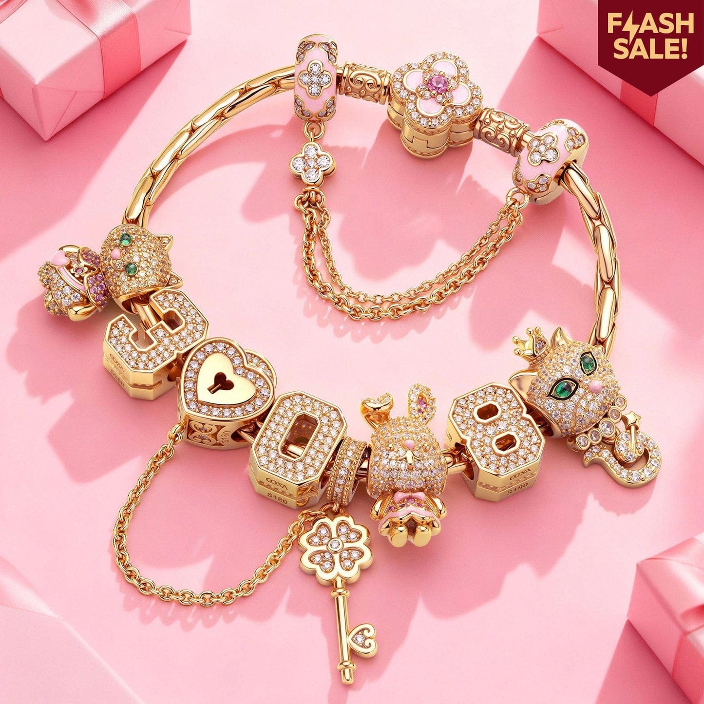 Sterling Silver Full of Love Charms Bracelet Set With Enamel In 14K Gold Plated (Includes bracelet and all charms shown. The three number charms shown can be freely selected by entering your preferred numbers in the box)