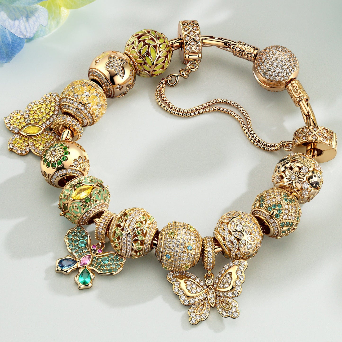 Wings of Spring Tarnish-Resistant Silver Charms Bracelet Set In 14K Gold Plated (Includes bracelet and all charms shown)
