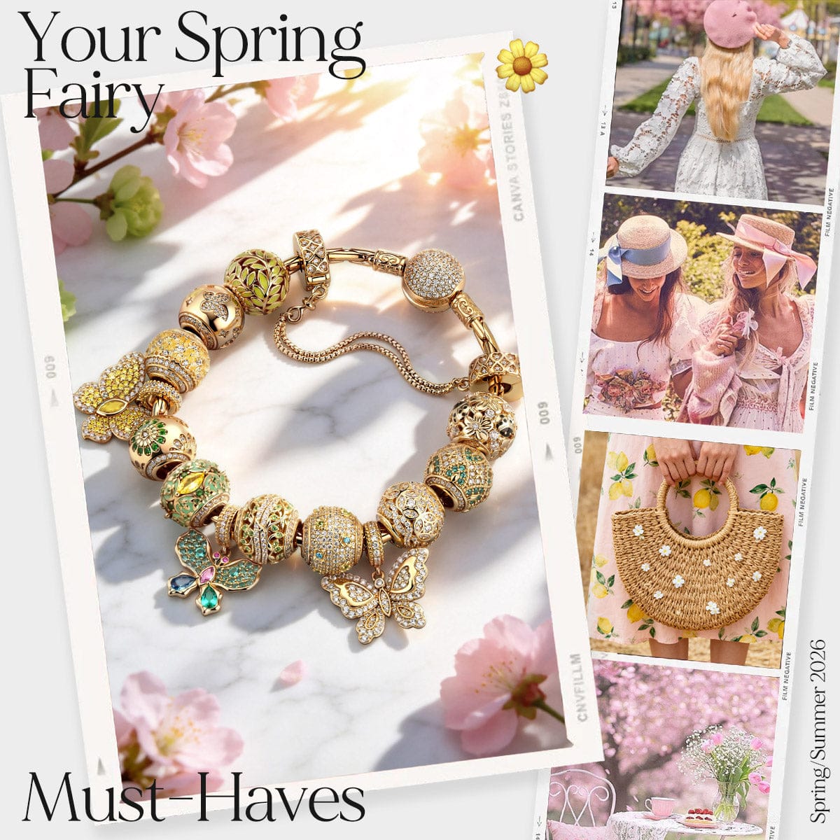 Wings of Spring Tarnish-Resistant Silver Charms Bracelet Set In 14K Gold Plated (Includes bracelet and all charms shown)