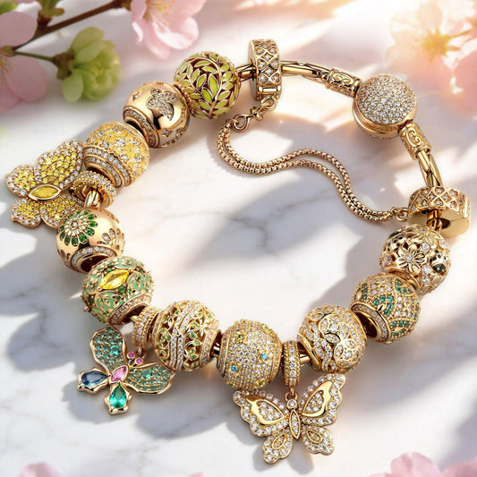 gona- Sterling Silver Wings of Spring Charms Bracelet Set In 14K Gold Plated (Includes bracelet and all charms shown)