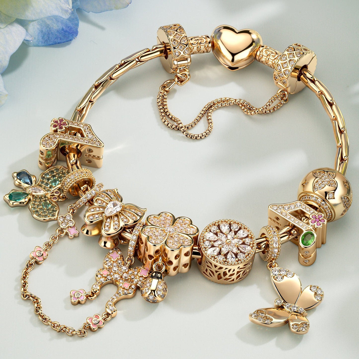 Sparkling Butterfly Dance Tarnish-Resistant Silver Charms Bracelet Set In 14K Gold Plated (Includes bracelet and all charms shown)