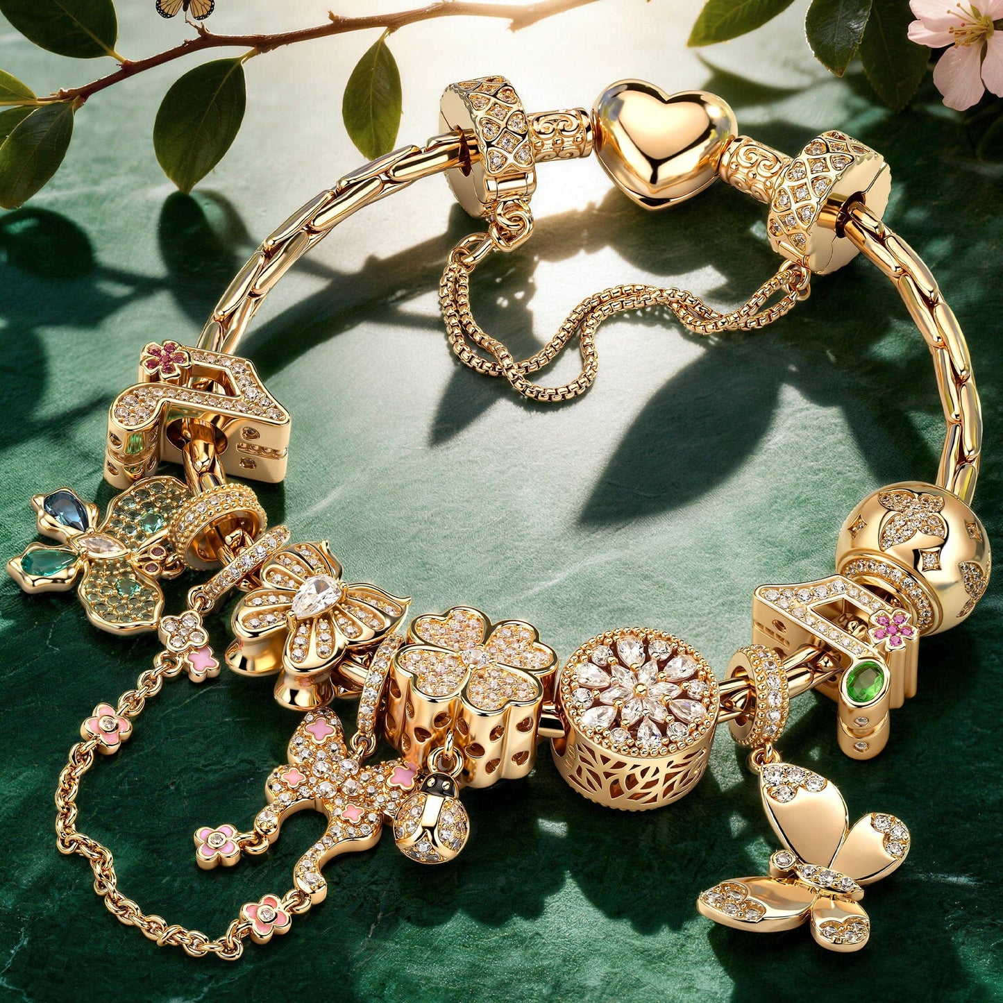 Sparkling Butterfly Dance Tarnish-Resistant Silver Charms Bracelet Set In 14K Gold Plated (Includes bracelet and all charms shown)