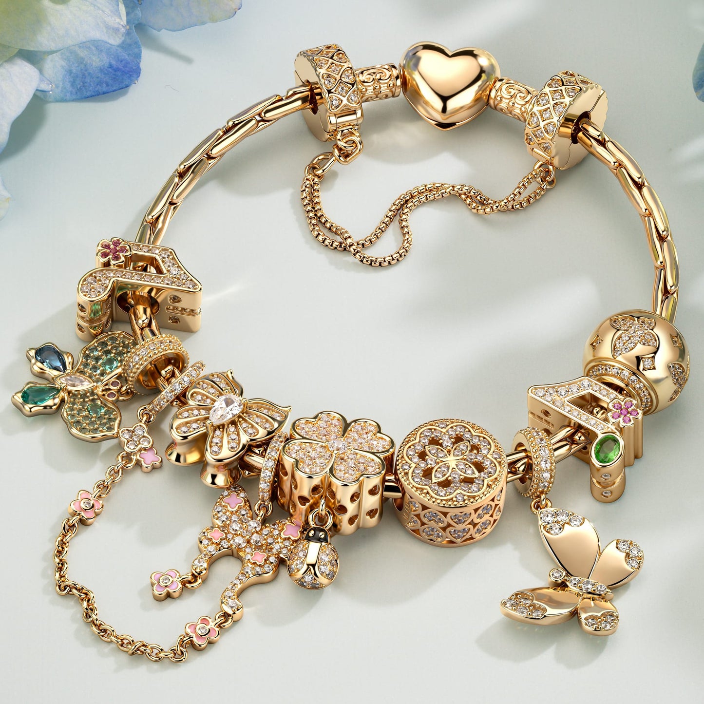 Sterling Silver Sparkling Butterfly Dance Charms Bracelet Set In 14K Gold Plated (Includes bracelet and all charms shown)