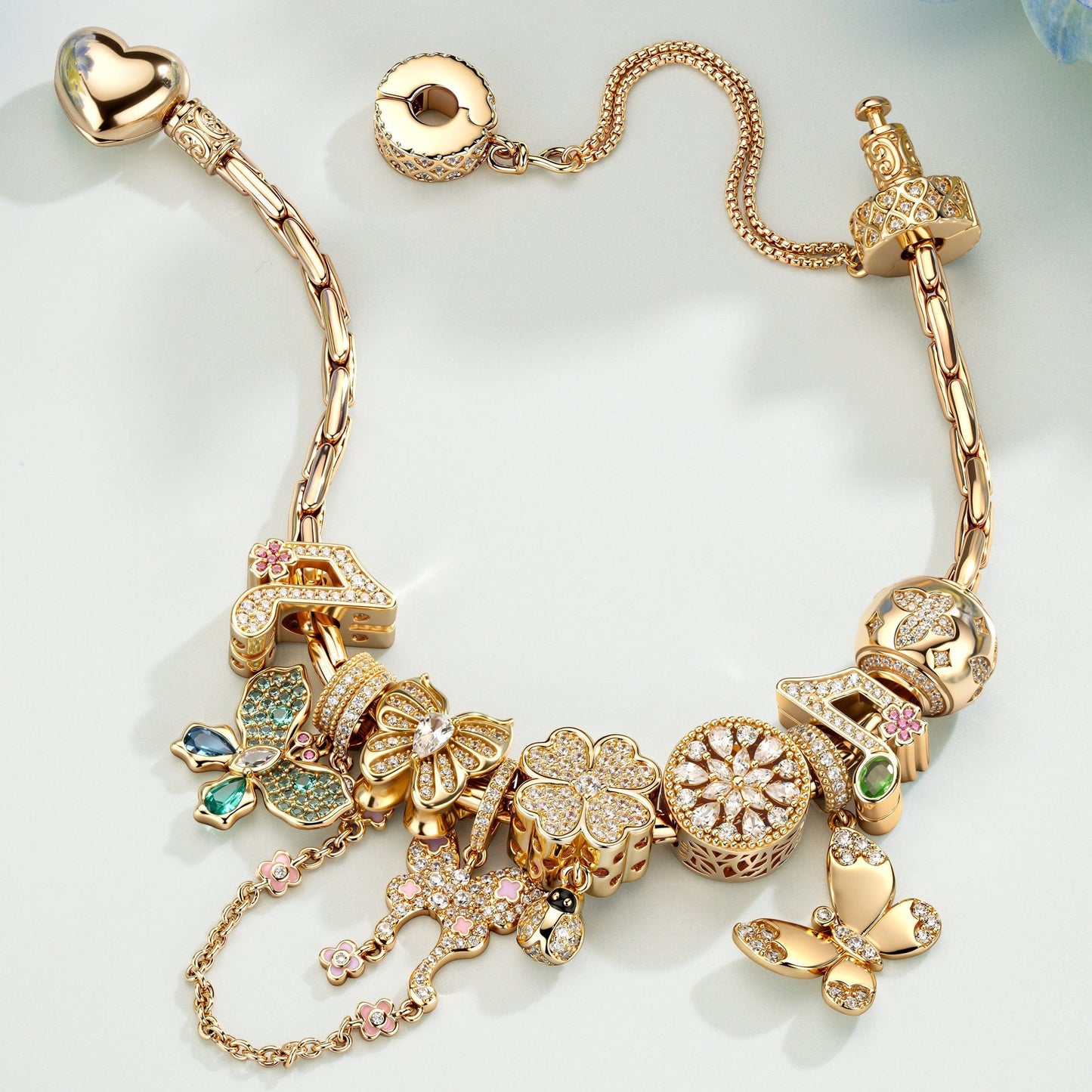 Sparkling Butterfly Dance Tarnish-Resistant Silver Charms Bracelet Set In 14K Gold Plated (Includes bracelet and all charms shown)