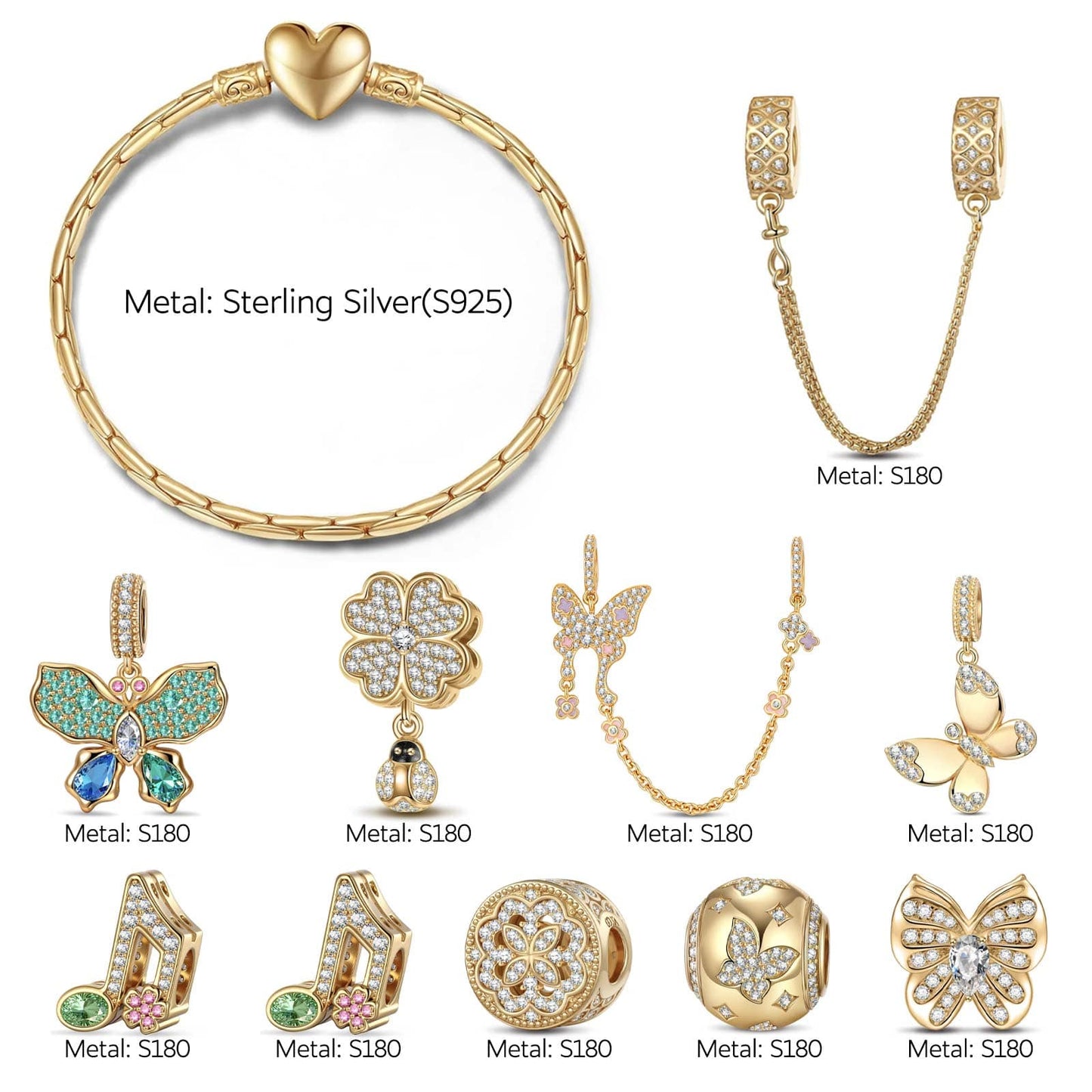 Sterling Silver Sparkling Butterfly Dance Charms Bracelet Set In 14K Gold Plated (Includes bracelet and all charms shown)