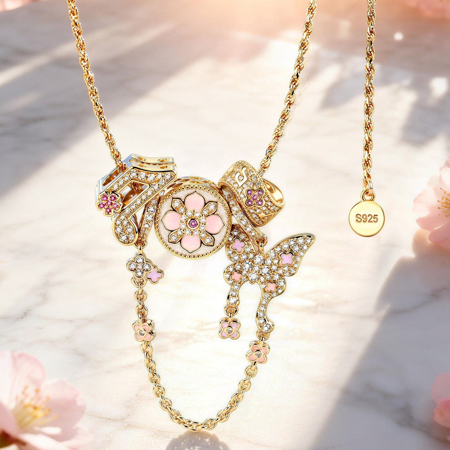 Sterling Silver Blush Sakura Flutter Charms Necklace Set In 14K Gold Plated (Includes bracelet and all charms shown)