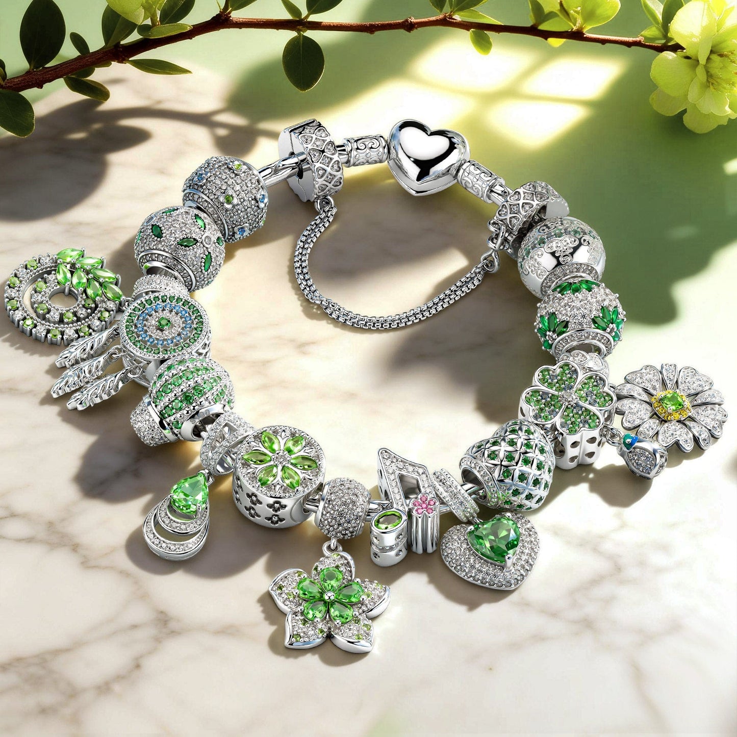 Sterling Silver Verdant Spring Reverie Charms Bracelet Set In White Gold Plated (Includes bracelet and all charms shown)