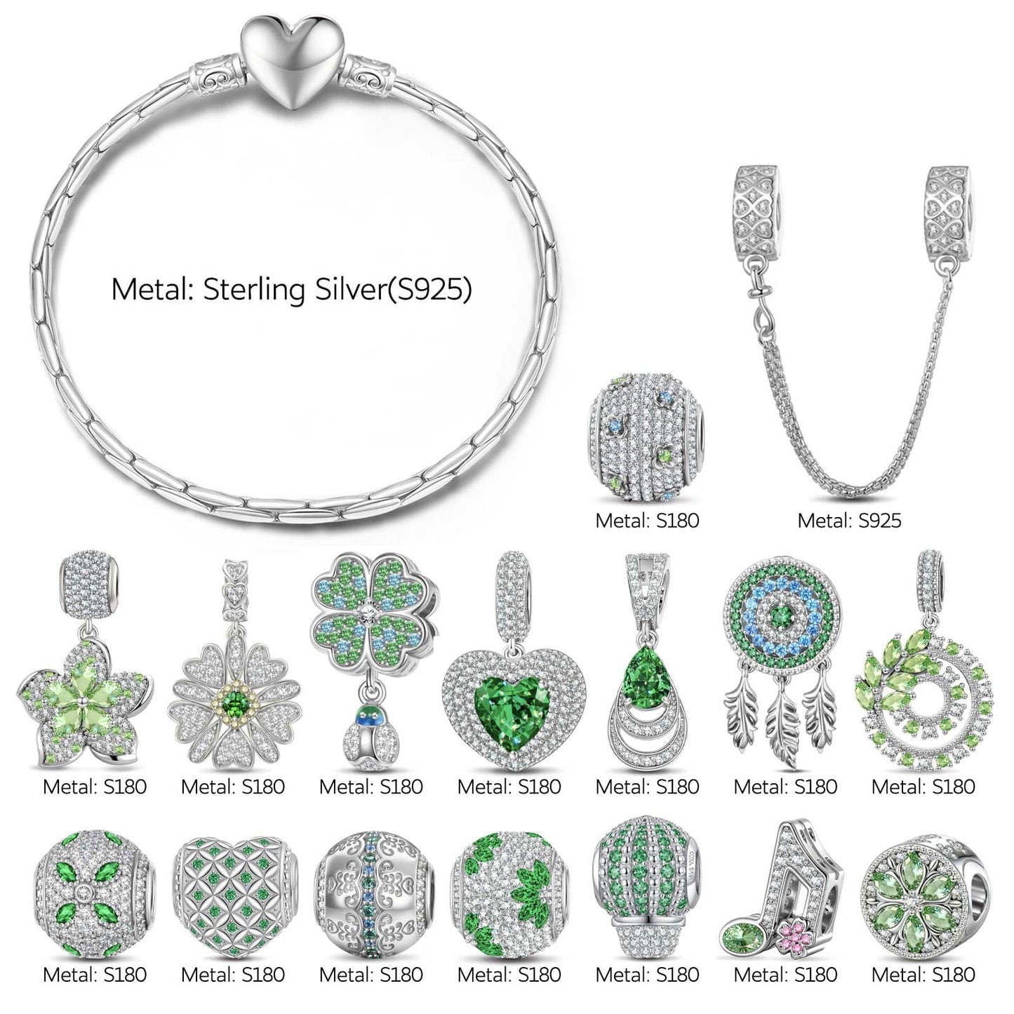 Sterling Silver Verdant Spring Reverie Charms Bracelet Set In White Gold Plated (Includes bracelet and all charms shown)