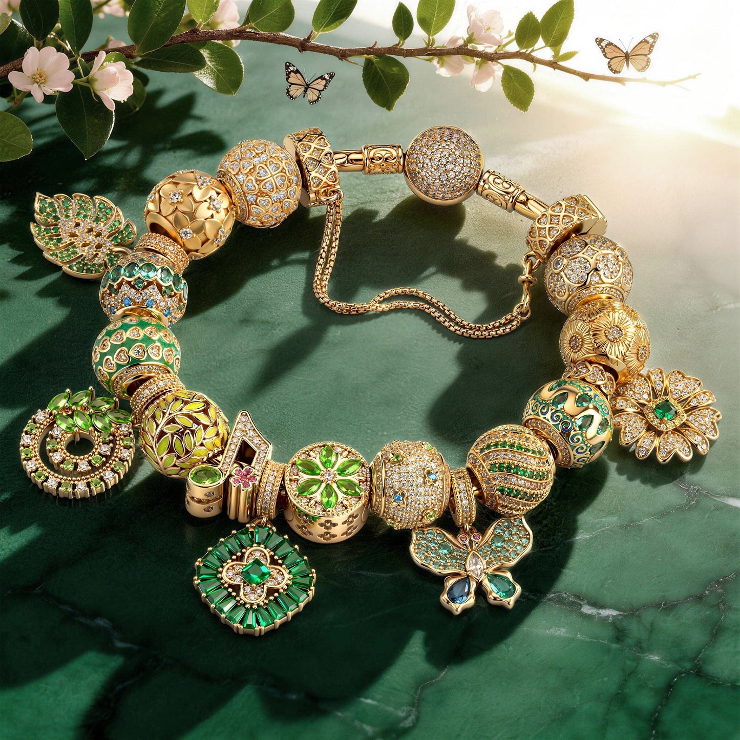 Sterling Silver Butterfly Petal Waltz Charms Bracelet Set In 14K Gold Plated (Includes bracelet and all charms shown)