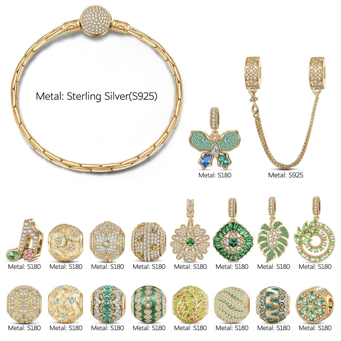 Sterling Silver Butterfly Petal Waltz Charms Bracelet Set In 14K Gold Plated (Includes bracelet and all charms shown)
