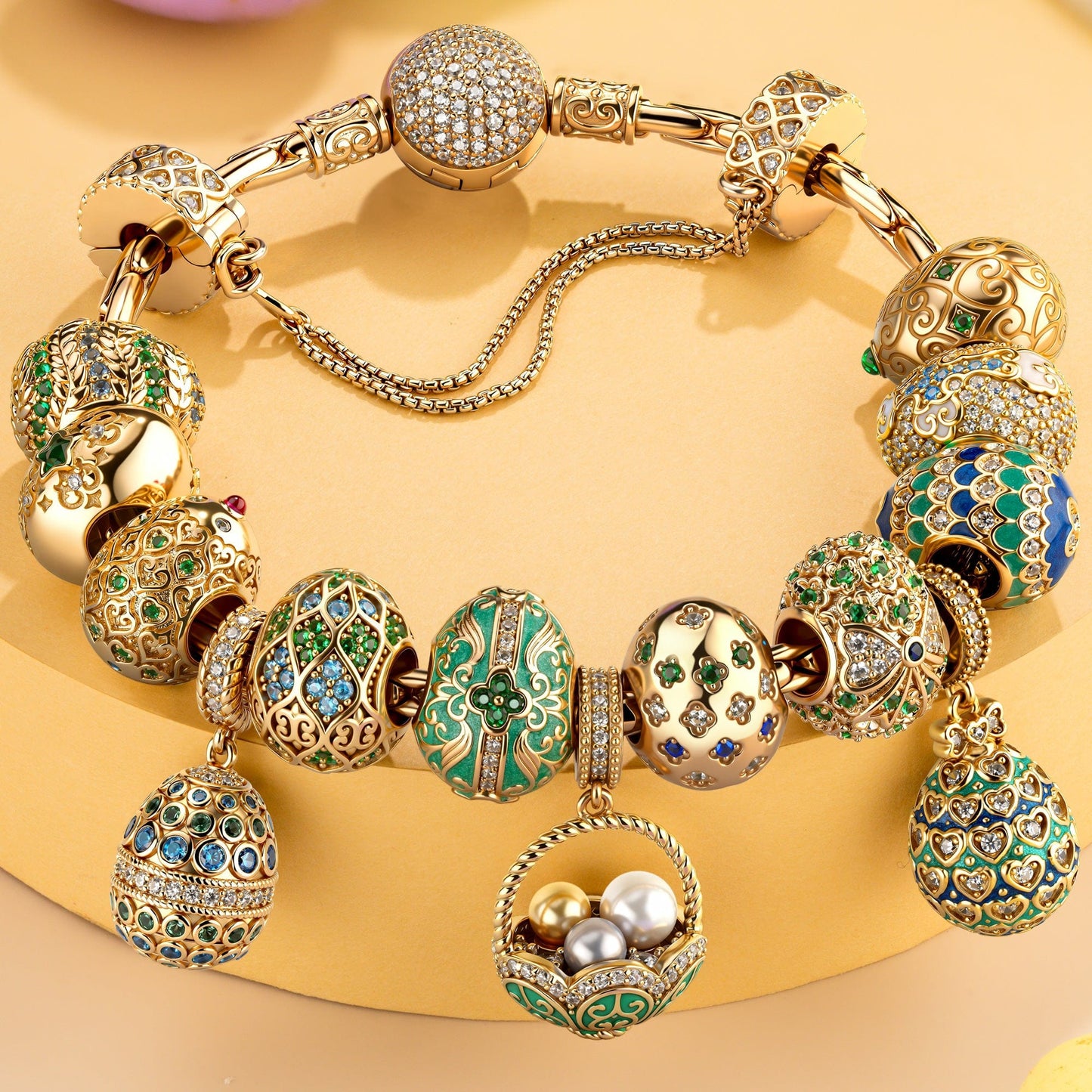 Sterling Silver Enamel Easter Egg Treasures Charms Bracelet Set In 14K Gold Plated (Includes bracelet and all charms shown)