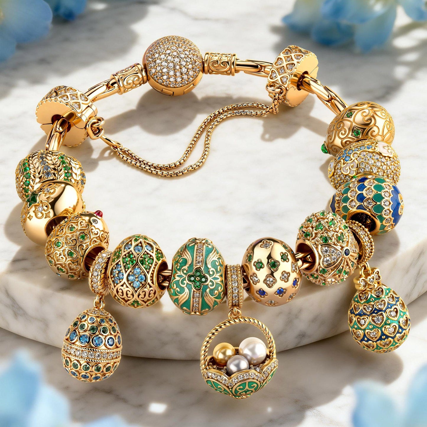 Sterling Silver Enamel Easter Egg Treasures Charms Bracelet Set In 14K Gold Plated (Includes bracelet and all charms shown)