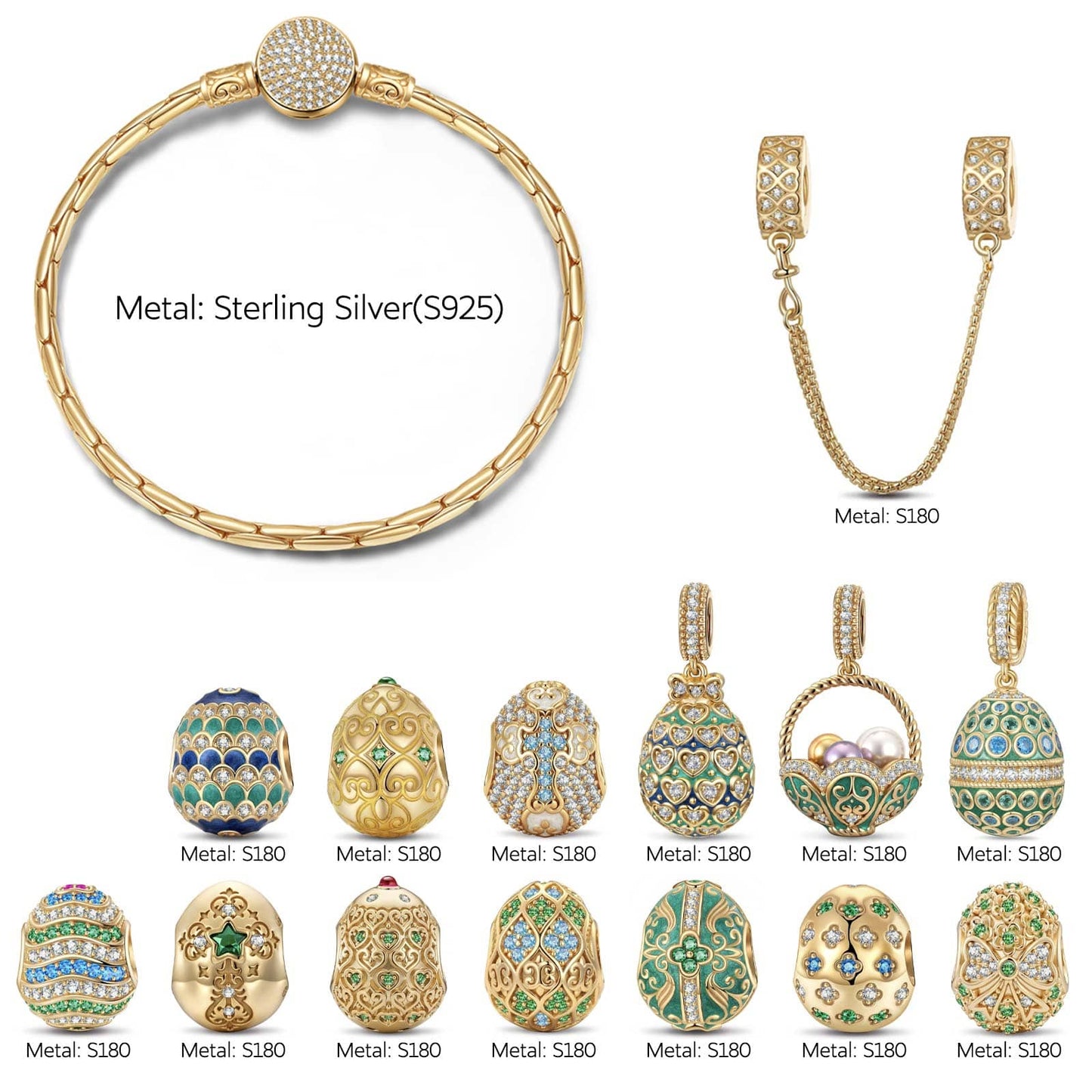 Sterling Silver Enamel Easter Egg Treasures Charms Bracelet Set In 14K Gold Plated (Includes bracelet and all charms shown)