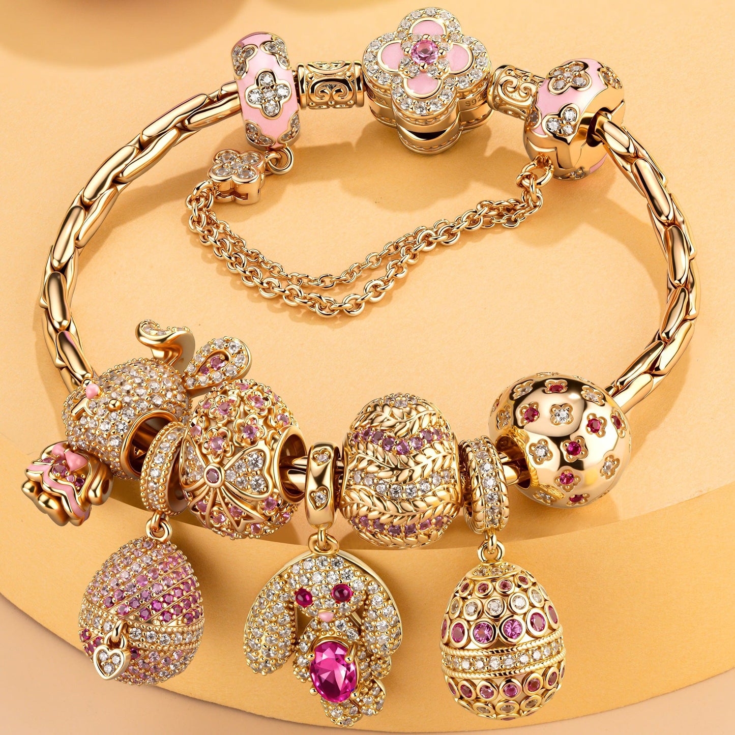 Sterling Silver Blush Spring Bunny & Easter Egg Charms Bracelet Set In 14K Gold Plated (Includes bracelet and all charms shown)
