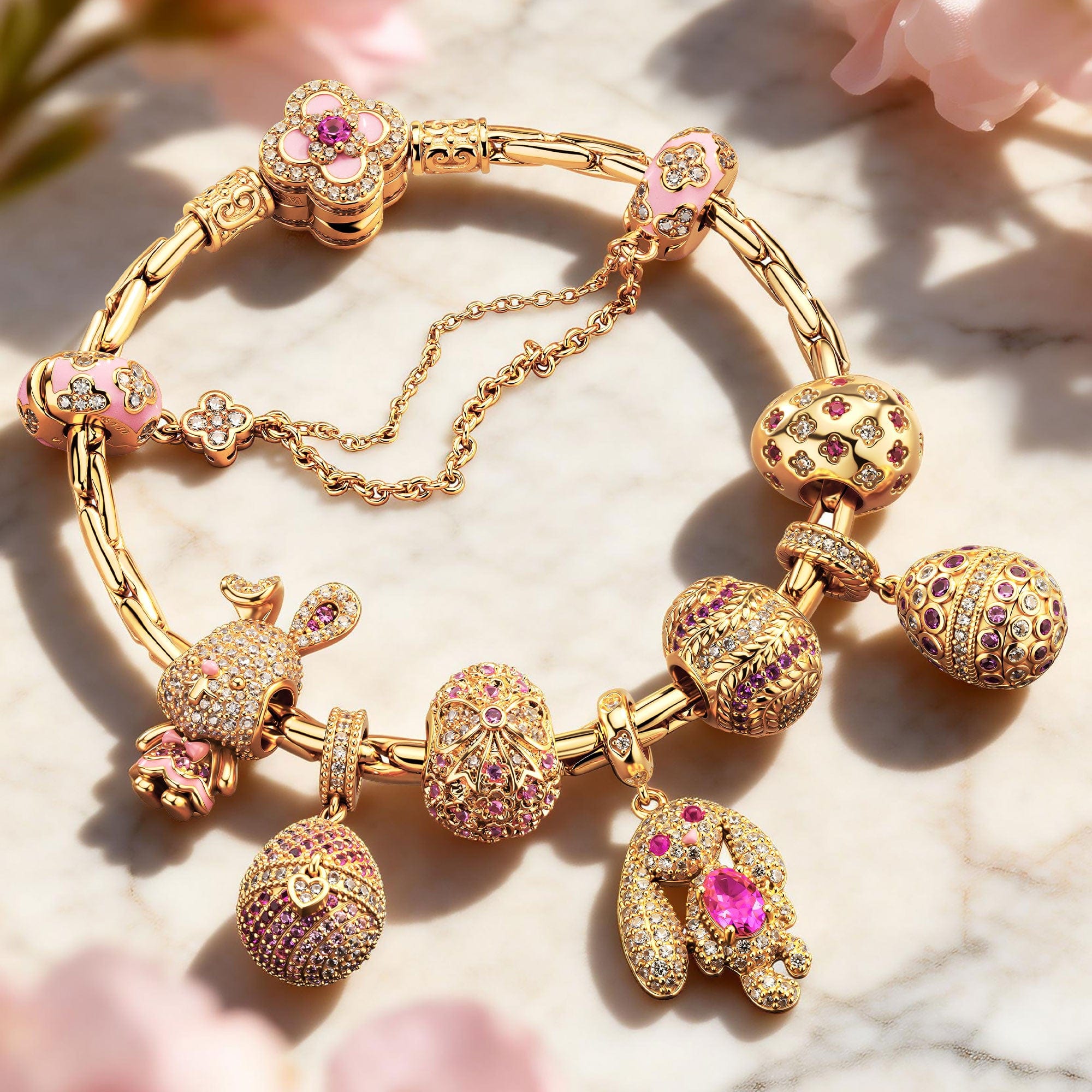 STERLING SILVER BLUSH SPRING BUNNY & EASTER EGG CHARMS BRACELET SET IN ...