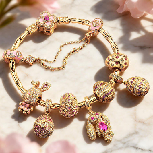 gona- Sterling Silver Blush Spring Bunny & Easter Egg Charms Bracelet Set In 14K Gold Plated (Includes bracelet and all charms shown)