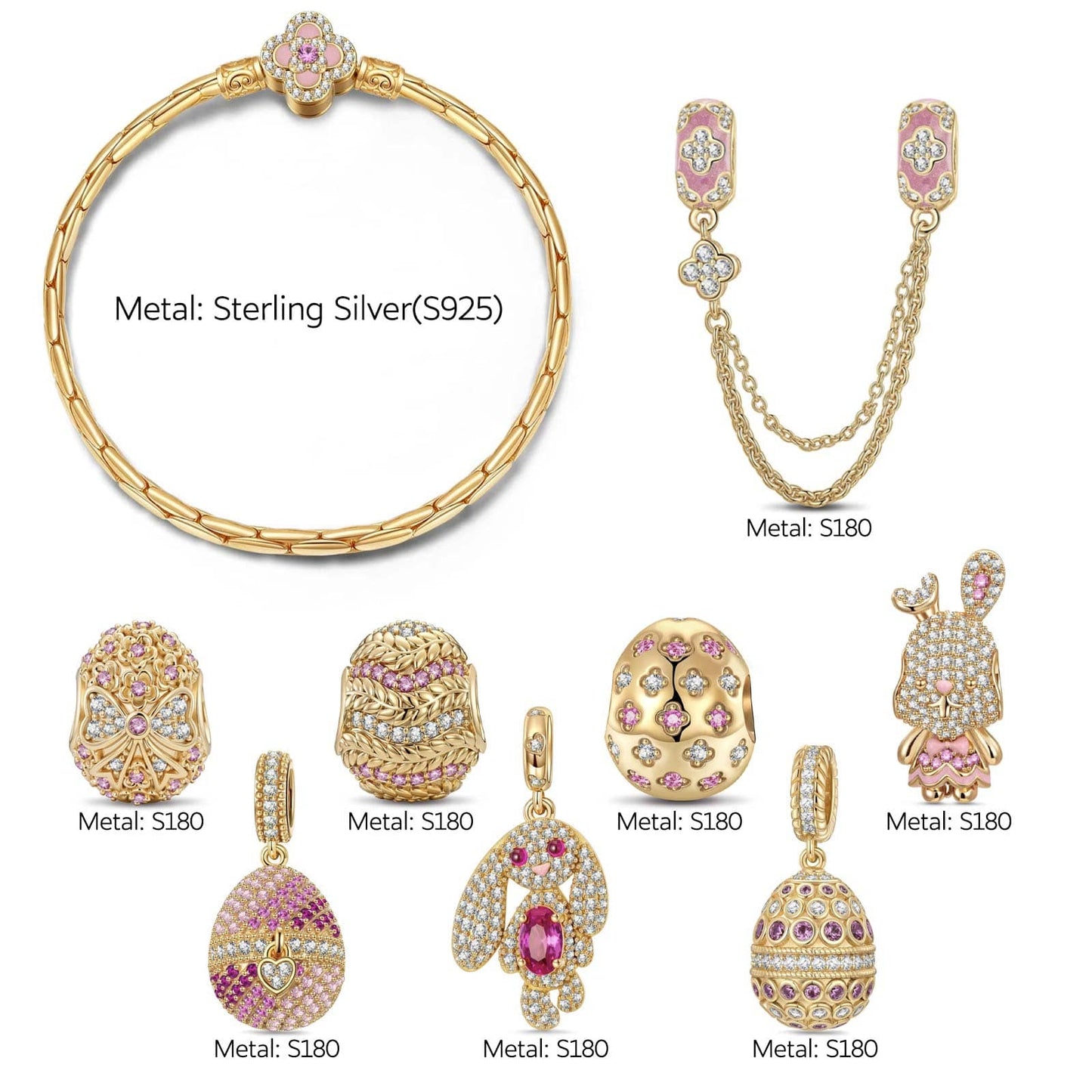 Sterling Silver Blush Spring Bunny & Easter Egg Charms Bracelet Set In 14K Gold Plated (Includes bracelet and all charms shown)