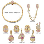 Sterling Silver Blush Spring Bunny & Easter Egg Charms Bracelet Set In 14K Gold Plated (Includes bracelet and all charms shown)