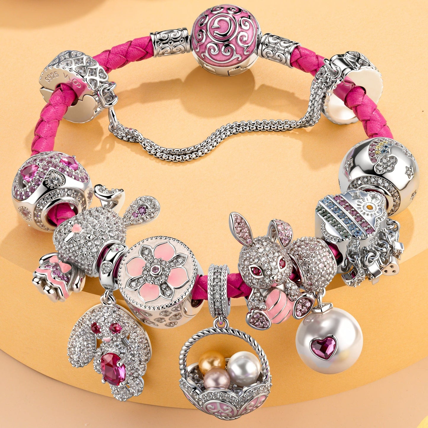 Sterling Silver Enchanted Pink Bunny & Pearl Basket Charms Leather Bracelet Set In White Gold Plated (Includes bracelet and all charms shown)