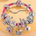 Sterling Silver Enchanted Pink Bunny & Pearl Basket Charms Leather Bracelet Set In White Gold Plated (Includes bracelet and all charms shown)