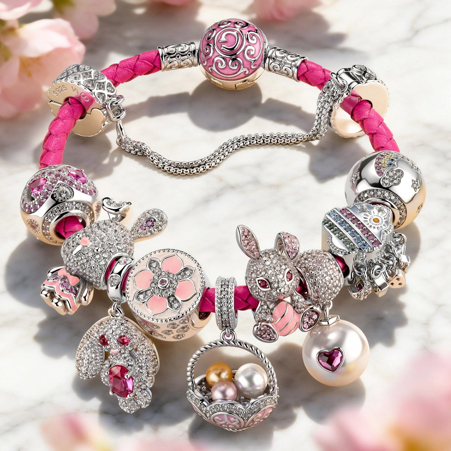 Sterling Silver Enchanted Pink Bunny & Pearl Basket Charms Leather Bracelet Set In White Gold Plated (Includes bracelet and all charms shown)