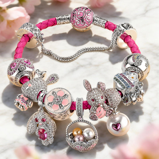 gona- Sterling Silver Enchanted Pink Bunny & Pearl Basket Charms Leather Bracelet Set In White Gold Plated (Includes bracelet and all charms shown)