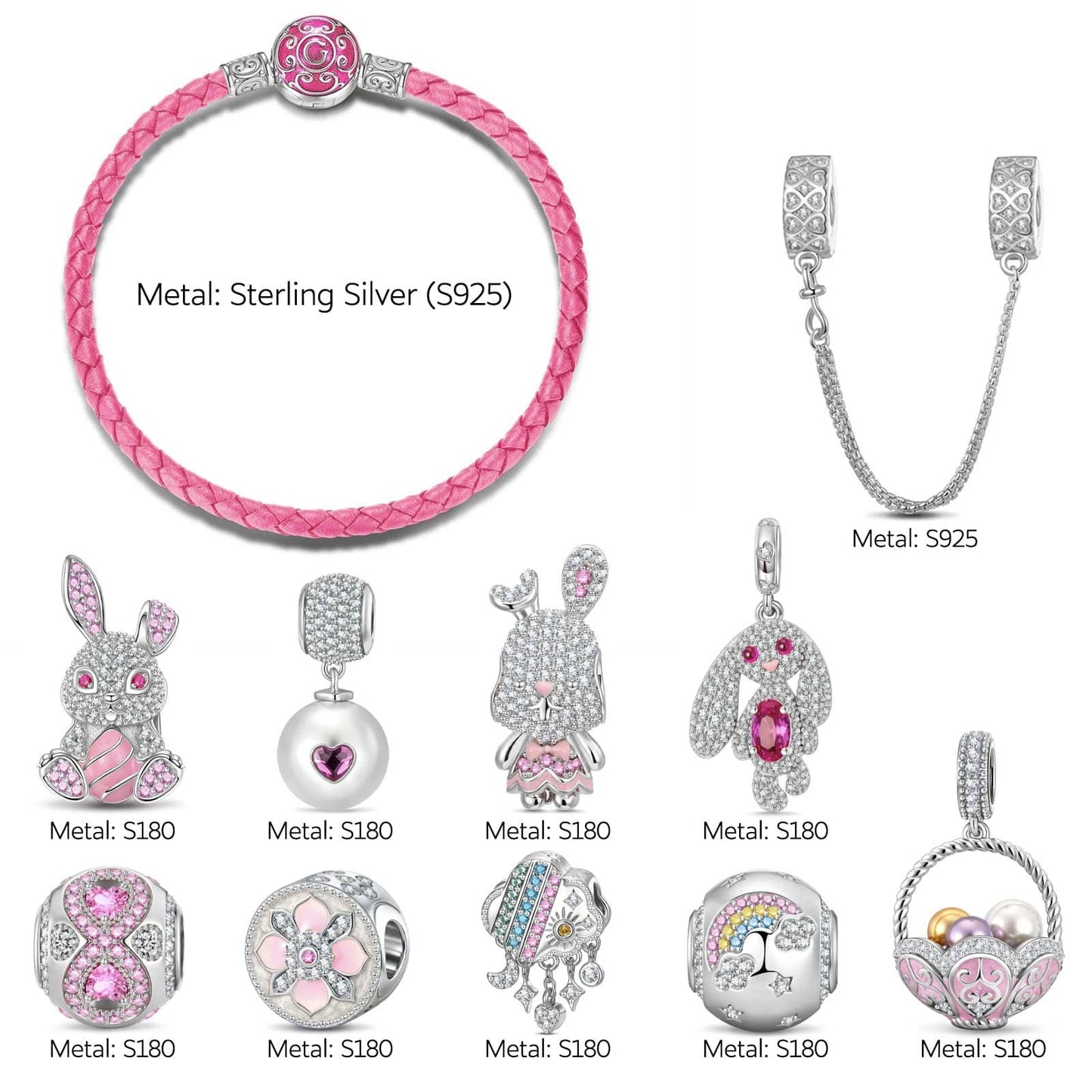 Sterling Silver Enchanted Pink Bunny & Pearl Basket Charms Leather Bracelet Set In White Gold Plated (Includes bracelet and all charms shown)