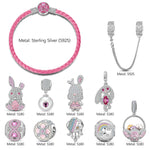 Sterling Silver Enchanted Pink Bunny & Pearl Basket Charms Leather Bracelet Set In White Gold Plated (Includes bracelet and all charms shown)