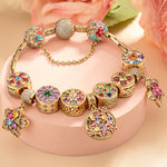 Rainbow Floral & Cluster Tarnish-resistant Silver Charm Bracelet Set In 14K Gold Plated (Includes bracelet and all charms shown)