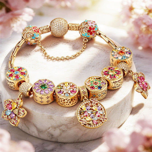 gona- Rainbow Floral & Cluster Tarnish-resistant Silver Charm Bracelet Set In 14K Gold Plated (Includes bracelet and all charms shown)