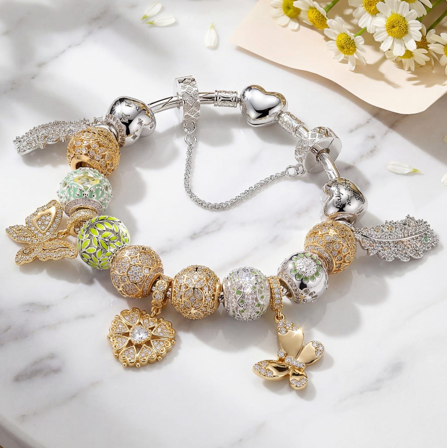 Sterling Silver Verdant Meadow Bridal Reverie Charms Bracelet Set In White Gold Plated (Includes Bracelet and All Charms Shown)
