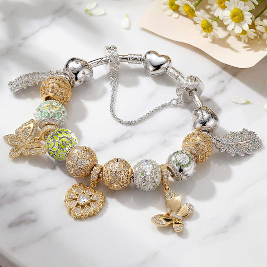 gona- Sterling Silver Verdant Meadow Bridal Reverie Charms Bracelet Set In White Gold Plated (Includes Bracelet and All Charms Shown)