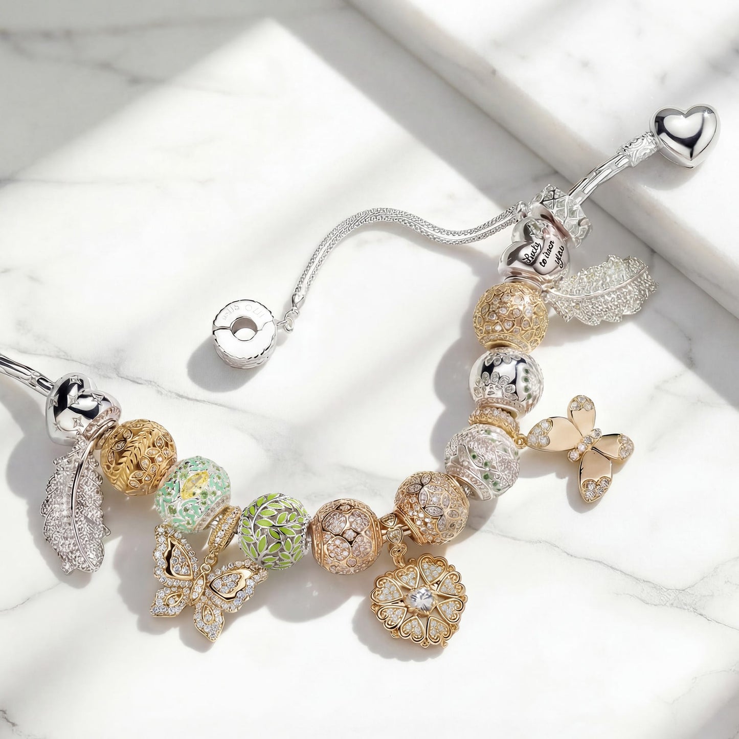 Sterling Silver Verdant Meadow Bridal Reverie Charms Bracelet Set In White Gold Plated (Includes Bracelet and All Charms Shown)