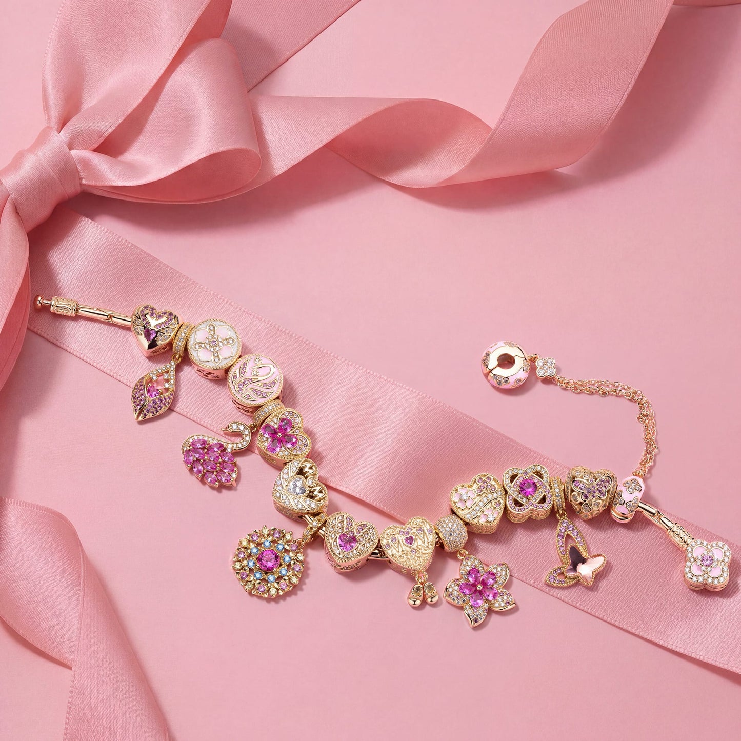 Sterling Silver Floral Mom's Devotion Charms Bracelet Set In 14K Gold Plated (Includes bracelet and all charms shown)