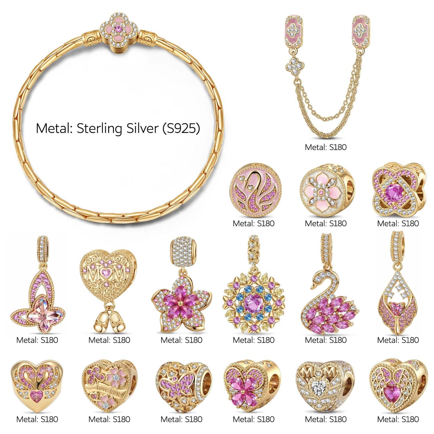 Sterling Silver Floral Mom's Devotion Charms Bracelet Set In 14K Gold Plated (Includes bracelet and all charms shown)