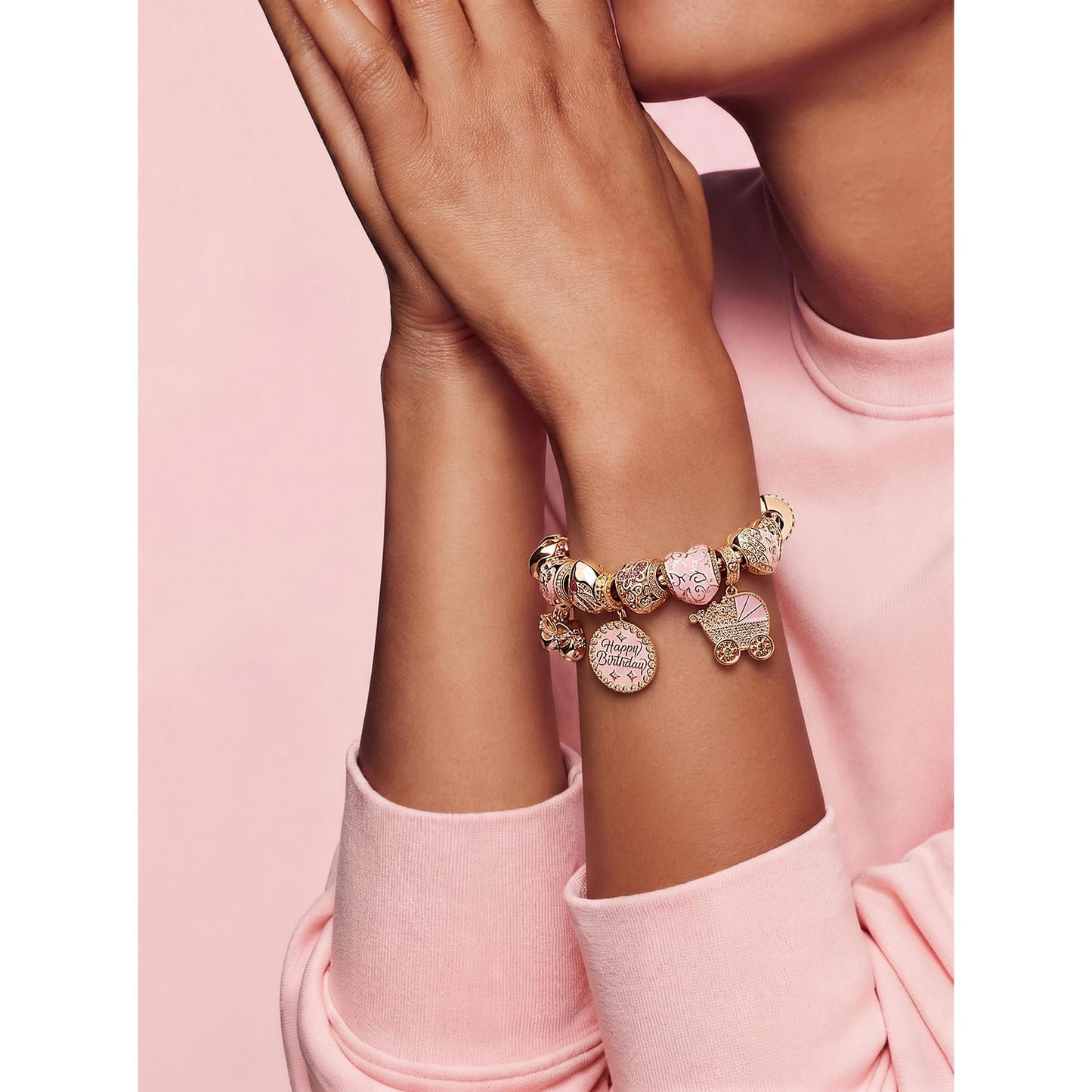 Sterling Silver Timeless Love for Mom Charm Bracelet Set in Pink Gold Plated (Includes Bracelet and All Charms Shown)