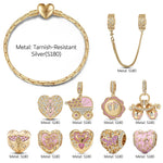 Timeless Love for Mom Tarnish-resistant Silver Charm Bracelet Set in Pink Gold Plated (Includes Bracelet and All Charms Shown)