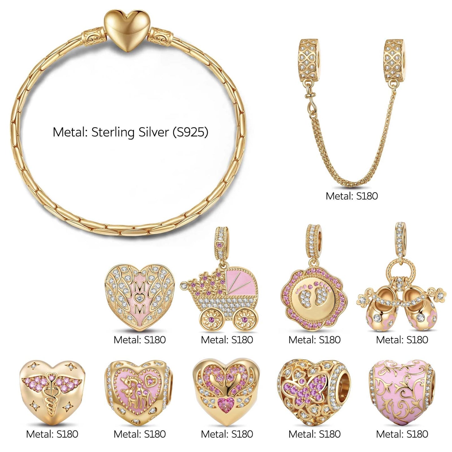 Sterling Silver Timeless Love for Mom Charm Bracelet Set in Pink Gold Plated (Includes Bracelet and All Charms Shown)